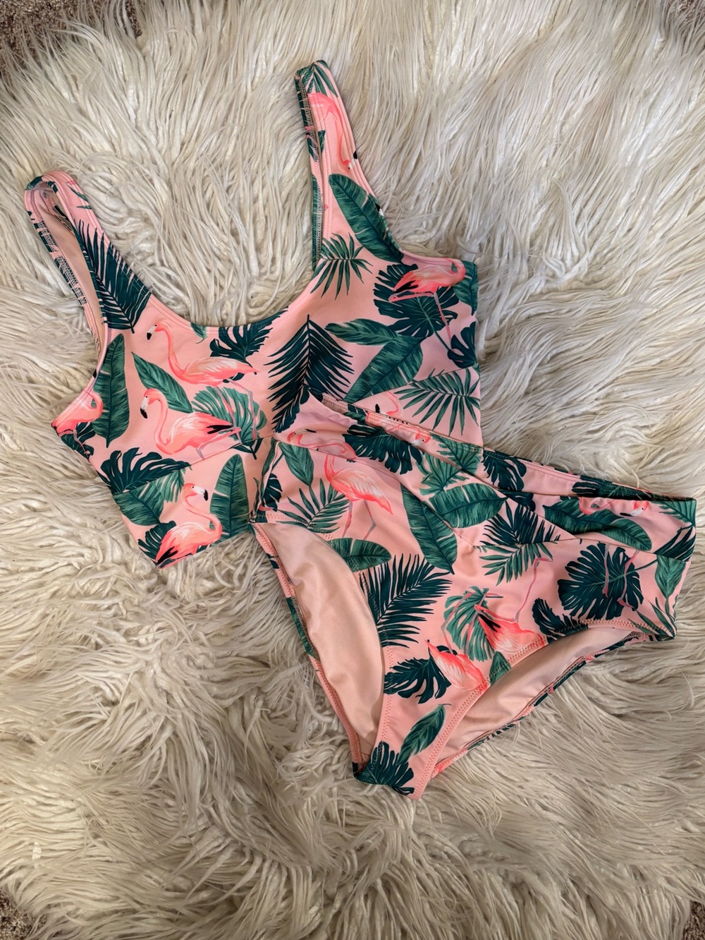 Old Navy Pink Flamingo Tropical Leaf 2 pc Crossover High Waist Bikini Size S EUC